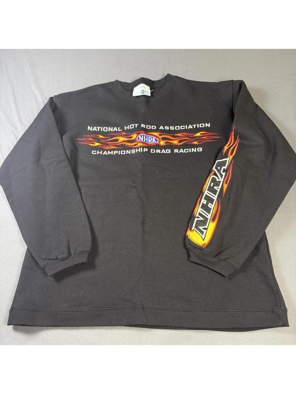 VTG National Hot Rod Association Flames Sleeve Sweatshirt Men's L Black 90s
